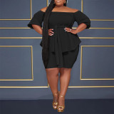 Plus Size Solid Color Off Shoulder Belted Two Piece Short Set