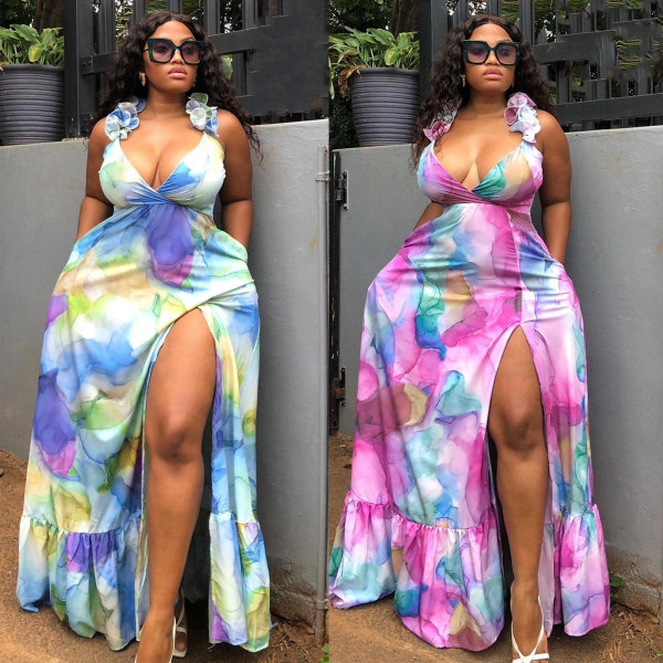 Plus Size Oversized Printed Slit Sleeveless Long Dresses