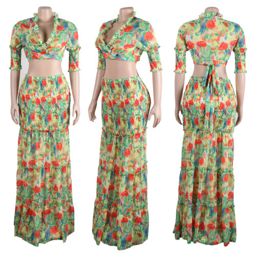 Two Piece Fashion Printed Bandage Straps Dresses with Crop Tops