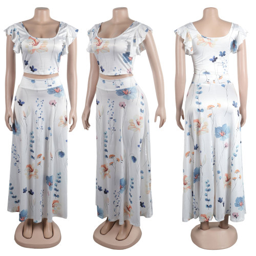 Women's Printed Navel Bodycon Suit Casual Boho Party Two Piece Set Summer Sexy Boat Neck Sleeveless Top and Long Skirt Beachwear
