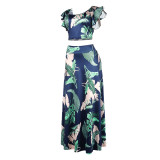 Women's Printed Navel Bodycon Suit Casual Boho Party Two Piece Set Summer Sexy Boat Neck Sleeveless Top and Long Skirt Beachwear