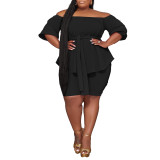 Plus Size Solid Color Off Shoulder Belted Two Piece Short Set