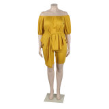 Plus Size Solid Color Off Shoulder Belted Two Piece Short Set