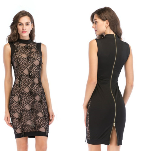 Embroidered Fringe and Sequin Sleeveless High Neck Back Zipper Dress