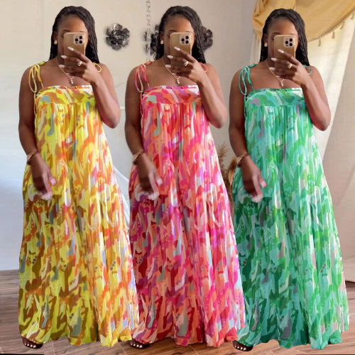 Casual Loose Printed Straps Wide-leg Jumpsuit