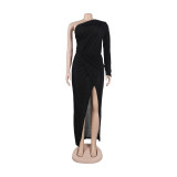 Women Sexy Solid One Shoulder Slit Long Dress