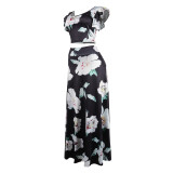 Women's Printed Navel Bodycon Suit Casual Boho Party Two Piece Set Summer Sexy Boat Neck Sleeveless Top and Long Skirt Beachwear