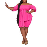 Plus Size Solid Color Off Shoulder Belted Two Piece Short Set