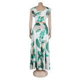 Women's Printed Navel Bodycon Suit Casual Boho Party Two Piece Set Summer Sexy Boat Neck Sleeveless Top and Long Skirt Beachwear