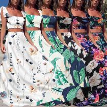 Women's Printed Navel Bodycon Suit Casual Boho Party Two Piece Set Summer Sexy Boat Neck Sleeveless Top and Long Skirt Beachwear