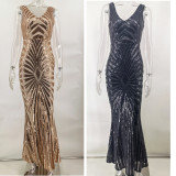 V neck Back Sequin Mermaid Maxi Dress