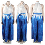 Casual Loose Shirt Collar Printed Belted Wide-leg Jumpsuit