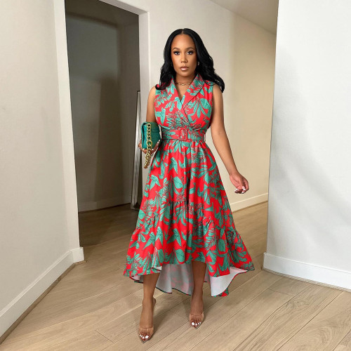 PRETTY LADY DRESS Printed Pullover Sleeveless Ruffled Dresses