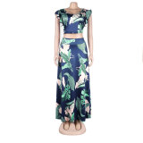 Women's Printed Navel Bodycon Suit Casual Boho Party Two Piece Set Summer Sexy Boat Neck Sleeveless Top and Long Skirt Beachwear