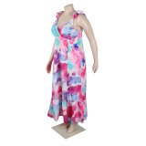 Plus Size Oversized Printed Slit Sleeveless Long Dresses