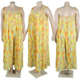 Casual Loose Printed Straps Wide-leg Jumpsuit