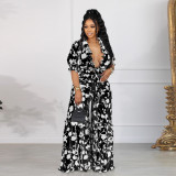 Casual Daily Floral Bandage Patchwork Printing Stringy Selvedge Smocking V Neck Half Sleeve Two Pieces