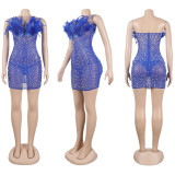 Club Hot Drilling See Through Feather Strapless Mini Dress