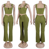 Casual Daily Vacation Plain Solid Color Square Collar Sleeveless Crop Tops Tracksuit Two Pieces
