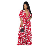 Casual Daily Floral Bandage Patchwork Printing Stringy Selvedge Smocking V Neck Half Sleeve Two Pieces