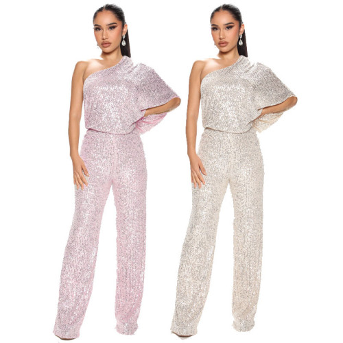 Fashion Casual Sleeveless Single Shoulder Sequin Wide Leg Jumpsuit