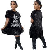Womens Sequin Glitter Shirt Dress - Sexy Floral Letter Print 3/4 Sleeve Mini Dresses for Party Club
