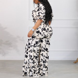 Casual Daily Floral Bandage Patchwork Printing Stringy Selvedge Smocking V Neck Half Sleeve Two Pieces