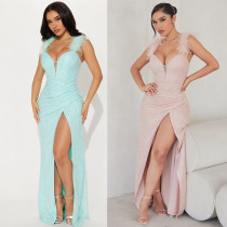 Sexy Sparkly Feather Strap Banquet Long Dress Evening