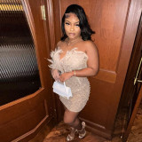 Club Hot Drilling See Through Feather Strapless Mini Dress