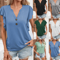 Women Fashion Solid Color Short Sleeve V Neck Basic Shirt Tunic Casual Trendy Tops Pullover