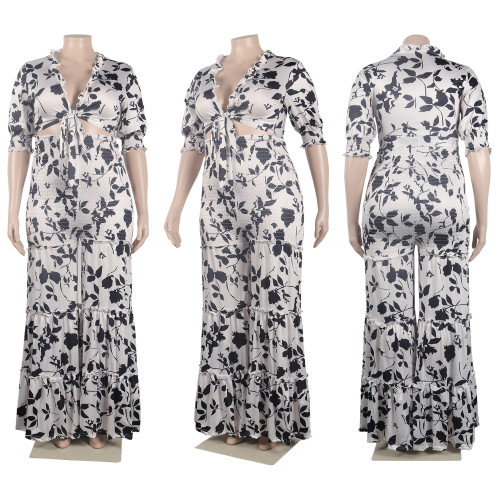 Casual Daily Floral Bandage Patchwork Printing Stringy Selvedge Smocking V Neck Half Sleeve Two Pieces