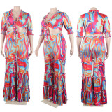 Casual Daily Floral Bandage Patchwork Printing Stringy Selvedge Smocking V Neck Half Sleeve Two Pieces