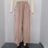 Womens Cropped Trousers Elastic Waist Wide Leg Casual Pants with Pockets
