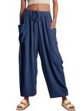 Womens Cropped Trousers Elastic Waist Wide Leg Casual Pants with Pockets