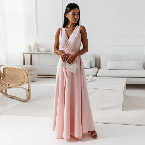 Women Sexy Deep V Neck Pleated Cocktail Party Maxi Dress Sleeveless Formal Evening Gowns