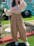 Womens Cropped Trousers Elastic Waist Wide Leg Casual Pants with Pockets