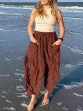 Womens Cropped Trousers Elastic Waist Wide Leg Casual Pants with Pockets