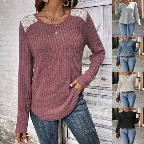 T-shirt Autumn Round Neck Pit Brushed Lace Long Sleeve Tops