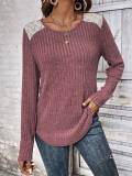 T-shirt Autumn Round Neck Pit Brushed Lace Long Sleeve Tops