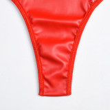 Women Metal Chain Willow Staring Grid Heart Print Pu Leather Sexy Underwear Two-piece Set