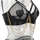 Women Metal Chain Willow Staring Grid Heart Print Pu Leather Sexy Underwear Two-piece Set