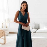 Women Sexy Deep V Neck Pleated Cocktail Party Maxi Dress Sleeveless Formal Evening Gowns