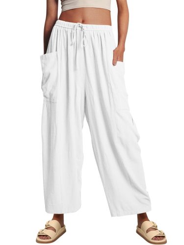 Womens Cropped Trousers Elastic Waist Wide Leg Casual Pants with Pockets