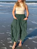 Womens Cropped Trousers Elastic Waist Wide Leg Casual Pants with Pockets