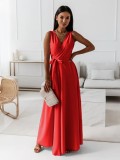 Women Sexy Deep V Neck Pleated Cocktail Party Maxi Dress Sleeveless Formal Evening Gowns
