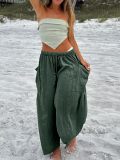 Womens Cropped Trousers Elastic Waist Wide Leg Casual Pants with Pockets