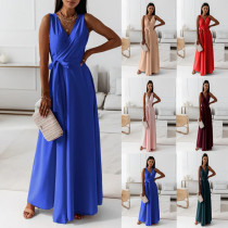 Women Sexy Deep V Neck Pleated Cocktail Party Maxi Dress Sleeveless Formal Evening Gowns