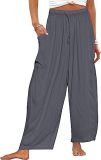 Womens Cropped Trousers Elastic Waist Wide Leg Casual Pants with Pockets
