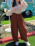 Womens Cropped Trousers Elastic Waist Wide Leg Casual Pants with Pockets