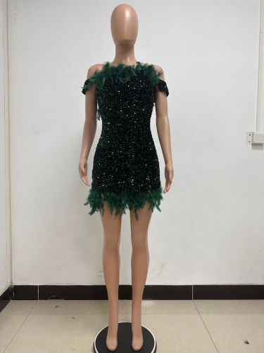 Off Shoulder Feather Spicy Girl Mini Dress